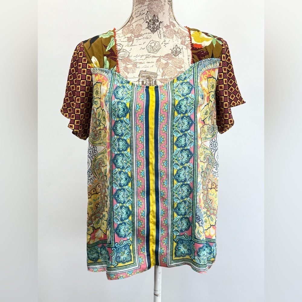 ODDY Yellow and Blue multi graphic print silky top size M - Picture 8 of 13